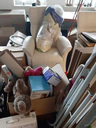 Wohnzimmer mit Umzugskartons, Sessel und Hausrat wie Plüschtier und Kartons.